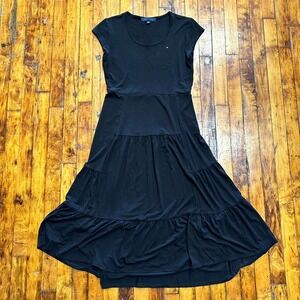 Tommy Hilfiger Maxi Dress Women XS Black Solid Tiered Ruffle Short Sleeve Preppy